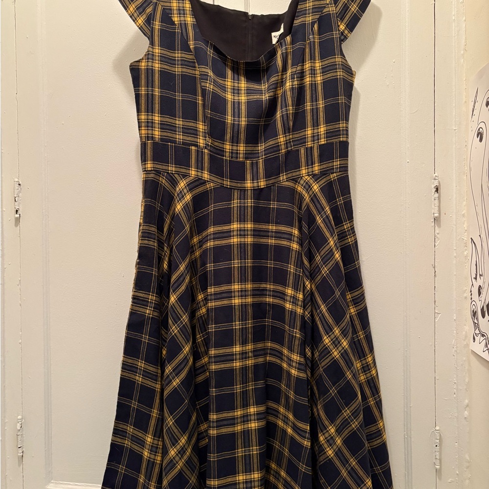 Magnolia Place/Unique Vintage navy blue and yellow plaid swing dress in XL